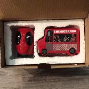 Deadpool salt and pepper shakers. Ceramic